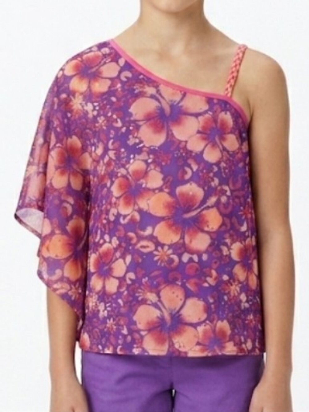 Justice Pink/Purple/Orange Cold Shoulder Braided Strap Sequin Floral Top